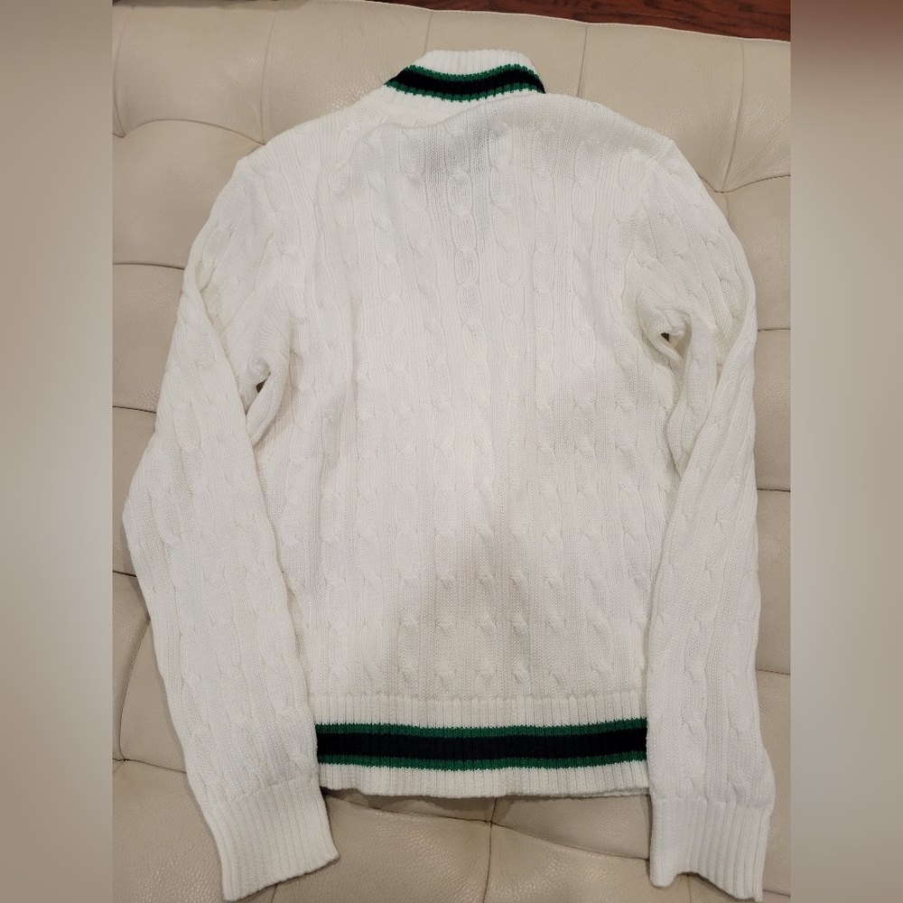 White Cable Knit Zip-Up Sweater with Green and Blue Stripes - Picture 2 of 4